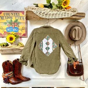 UPCYCLED Babaton safari vibe shirt/cover up w cabin cottage country vibe